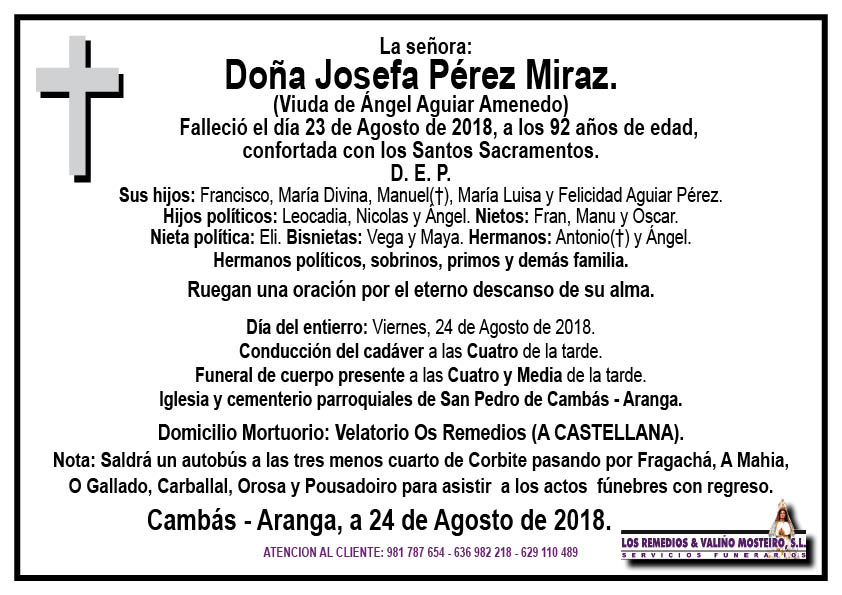 Esquela de Josefa Pérez Miraz.